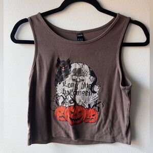 Brown Halloween Tank Top with Cat and Pumpkins